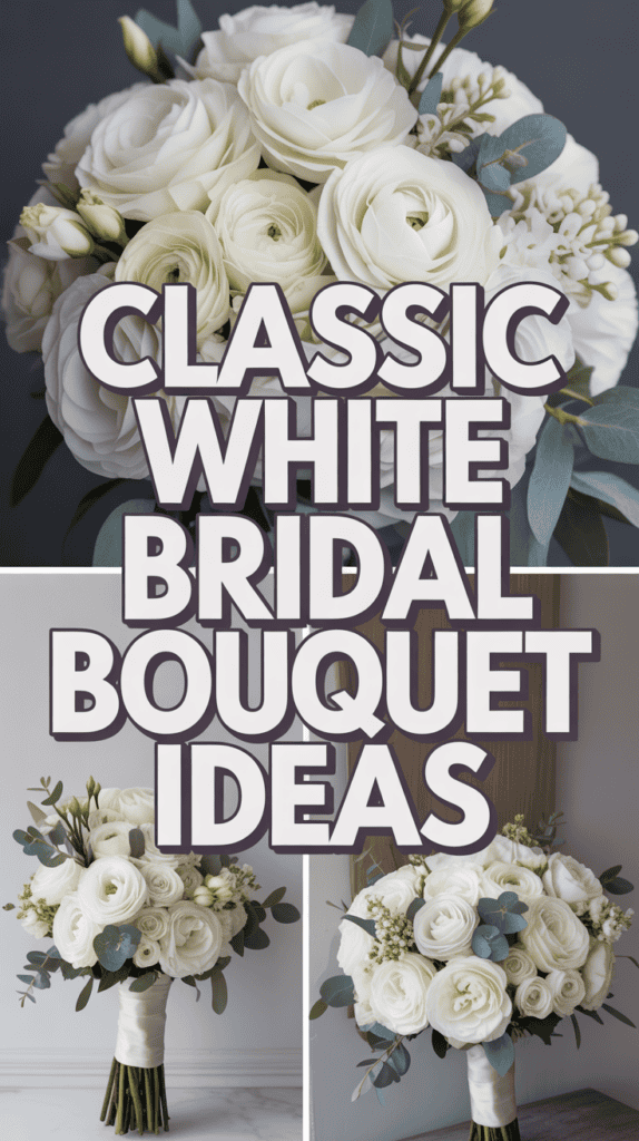 White bridal bouquets with roses and greenery, accompanied by the text "Classic White Bridal Bouquet Ideas."