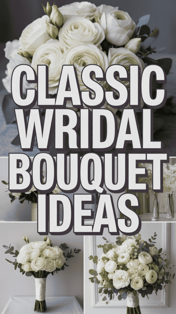 A collage of elegant white bridal bouquets featuring roses, with large text reading "Classic Bridal Bouquet Ideas."