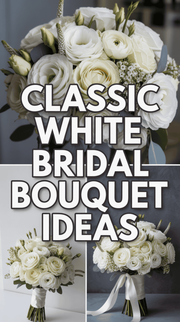 White bridal bouquets with roses and greenery, overlaid text reads "Classic White Bridal Bouquet Ideas."