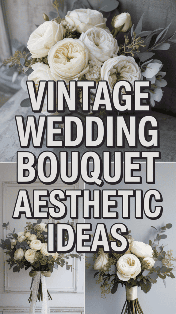 Collage of vintage wedding bouquets with pale flowers and greenery, featuring text "Vintage Wedding Bouquet Aesthetic Ideas."