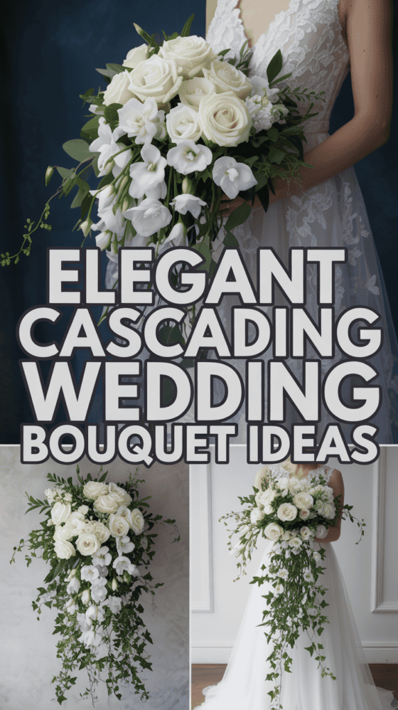 A collage with cascading wedding bouquets of white roses and greenery, featuring the text "Elegant Cascading Wedding Bouquet Ideas."