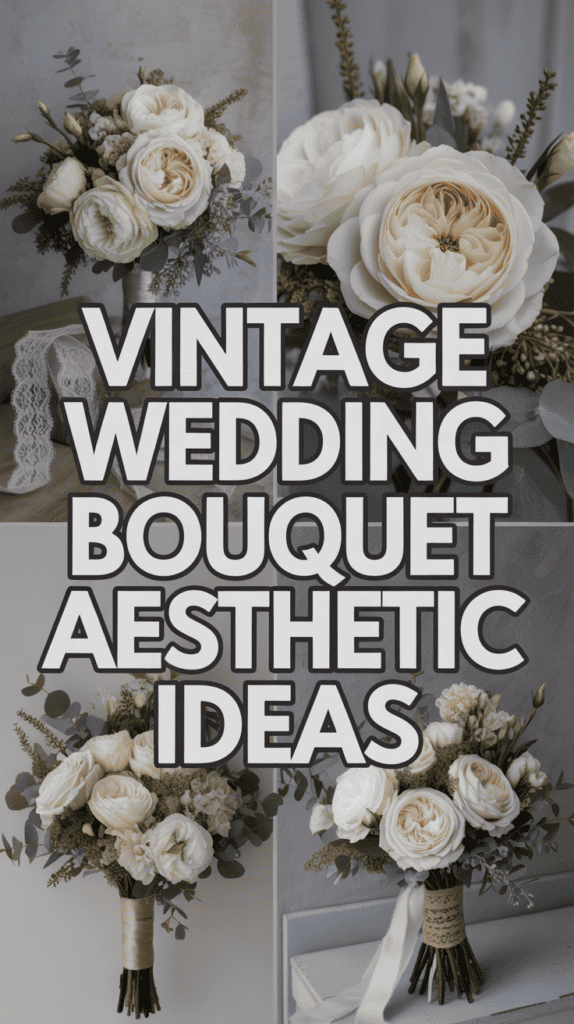 Collage of vintage wedding bouquets featuring soft white and peach roses with greenery, and a large text overlay.