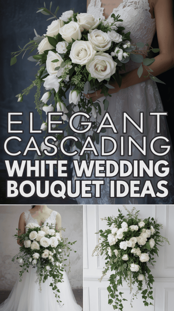 Bride holding a cascading bouquet of white flowers with greenery, accompanied by text: "Elegant Cascading White Wedding Bouquet Ideas."