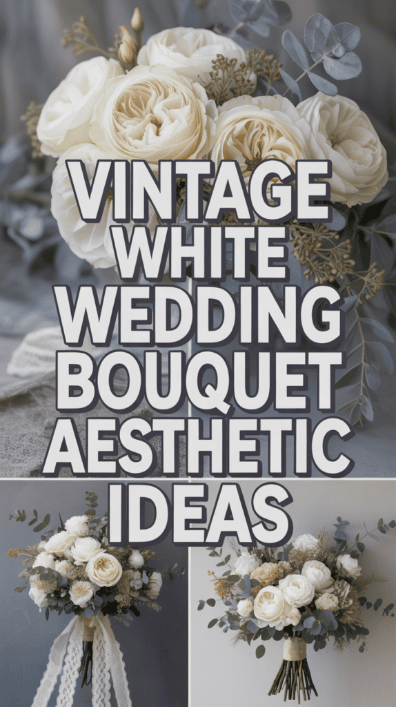 A vintage white wedding bouquet with roses, eucalyptus, and lace details shown in a collage.