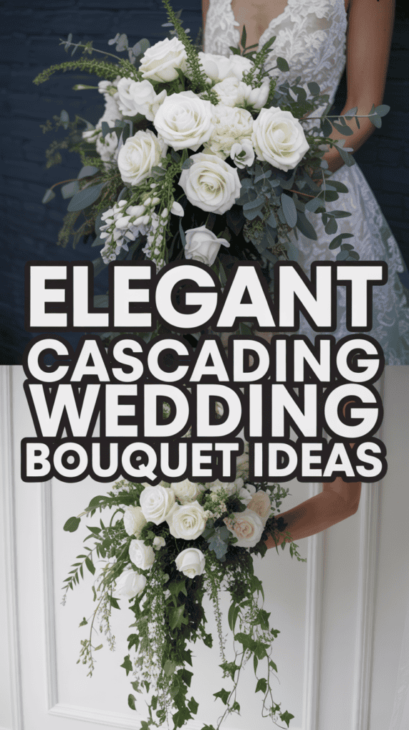 A bride holds two different cascading bouquets of white roses with greenery, overlaying text reads "Elegant Cascading Wedding Bouquet Ideas."