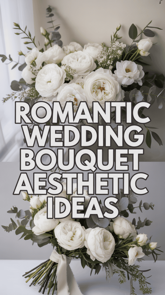 A bouquet of white roses and greenery with the text "Romantic Wedding Bouquet Aesthetic Ideas."