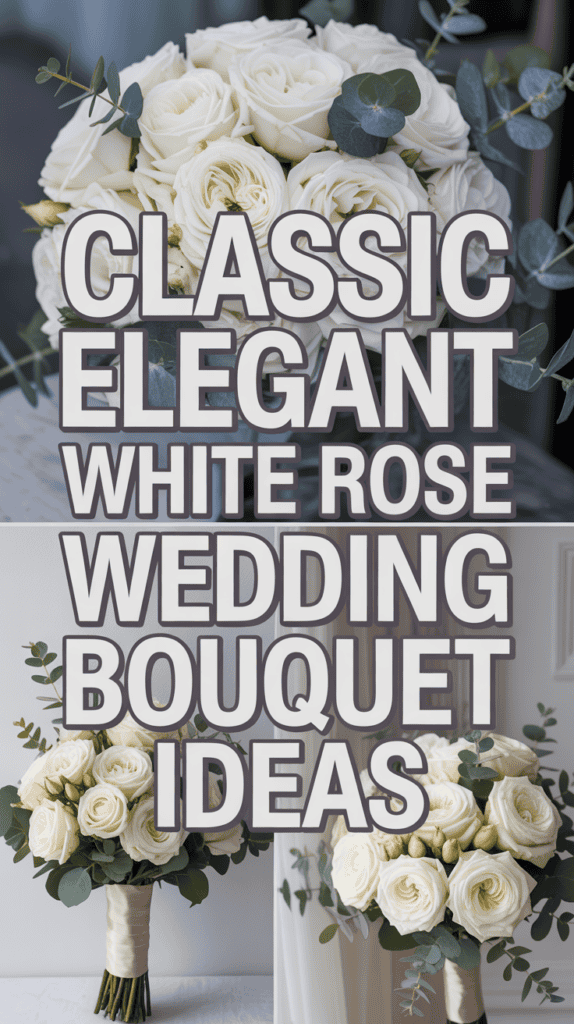 White rose bouquets with eucalyptus leaves, styled for wedding inspiration, set against large text about classic bouquet ideas.