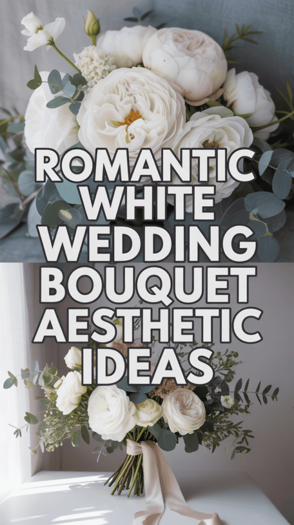 Two wedding bouquets with white roses, eucalyptus, and text: "Romantic White Wedding Bouquet Aesthetic Ideas."