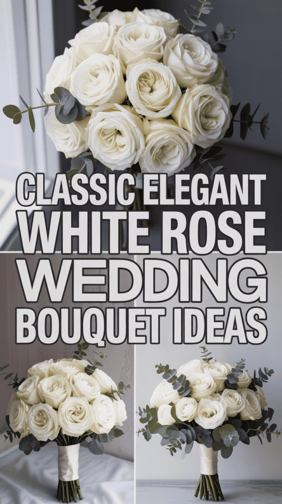 A collage of white rose wedding bouquets, elegantly arranged with eucalyptus leaves, accompanied by large text: "Classic Elegant White Rose Wedding Bouquet Ideas."