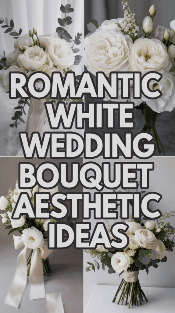 Collage of various white wedding bouquets featuring roses and greenery, overlaid with the text "Romantic White Wedding Bouquet Aesthetic Ideas."