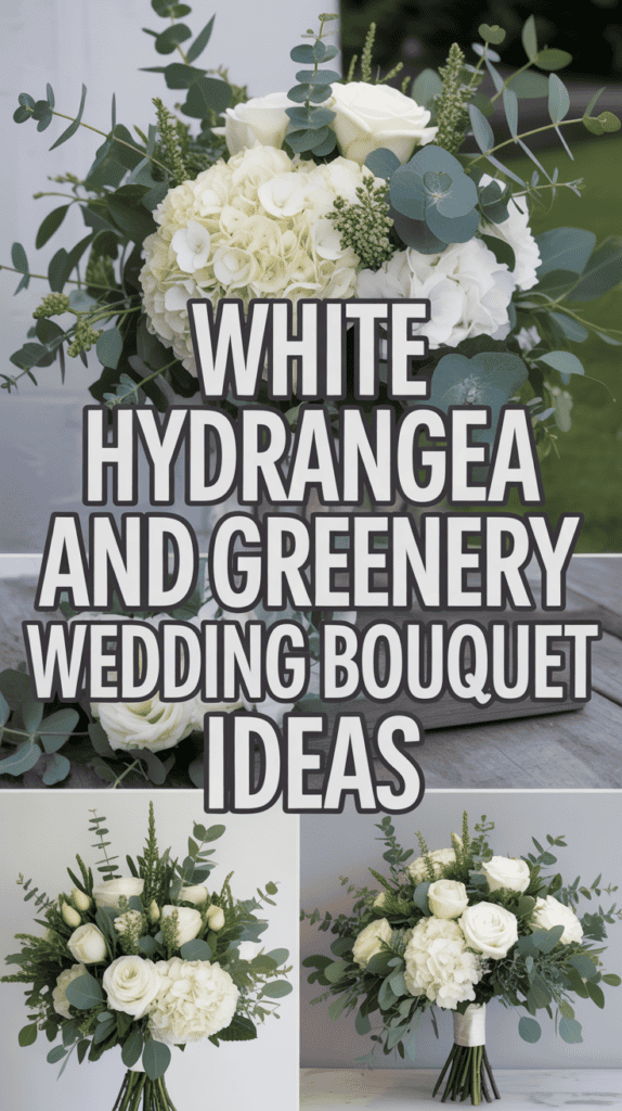 A collage showing white hydrangea and greenery wedding bouquets, featuring roses and eucalyptus.