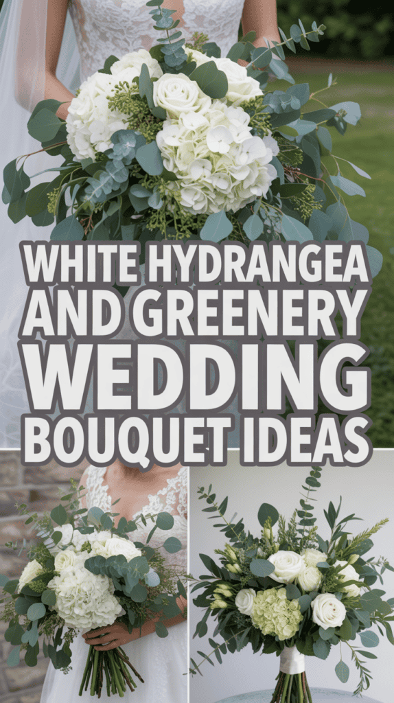A bride holds a bouquet of white hydrangeas and greenery; additional similar bouquets are displayed below.