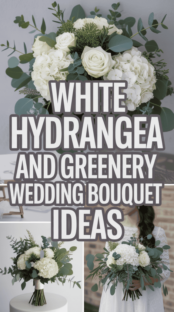 A collage featuring a white hydrangea bouquet with greenery and text overlay promoting wedding bouquet ideas.
