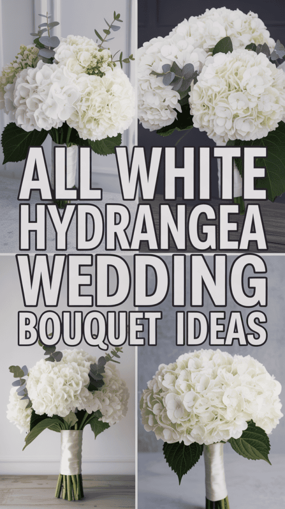 Collage of all white hydrangea bouquets with text "All White Hydrangea Wedding Bouquet Ideas."
