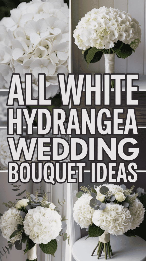 Collage of white hydrangea wedding bouquets with bold text "All White Hydrangea Wedding Bouquet Ideas."