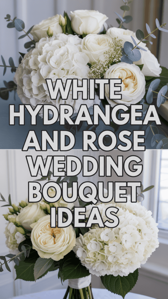 A bouquet of white hydrangeas and roses with eucalyptus leaves on display.