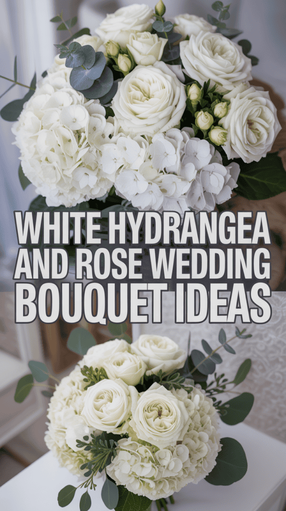 A bouquet of white hydrangeas and roses displayed with greenery, accompanied by the text "White Hydrangea and Rose Wedding Bouquet Ideas."