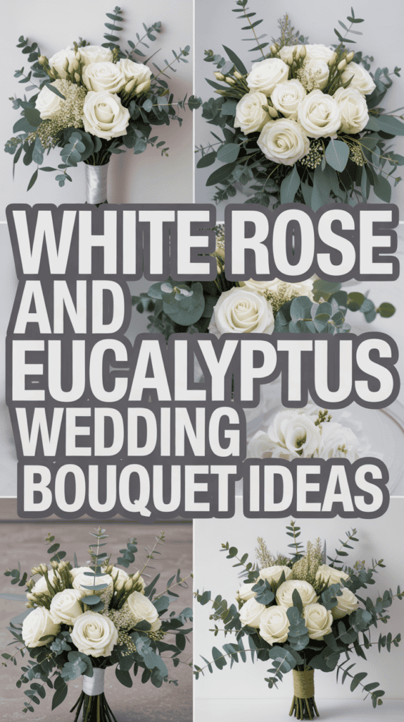 Collage of white rose and eucalyptus wedding bouquets with bold text overlay.