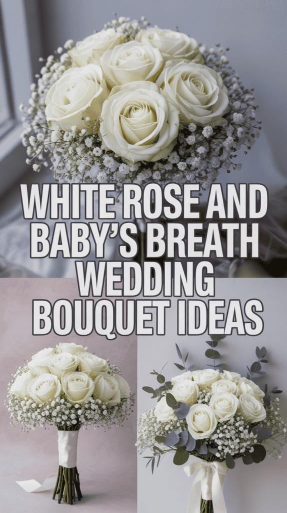 A collage of white rose and baby's breath wedding bouquets with text overlay about bouquet ideas.