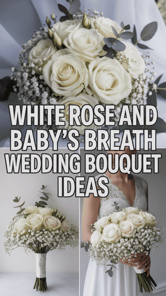 A bridal bouquet featuring white roses and baby's breath with eucalyptus, accompanied by text about wedding bouquet ideas.