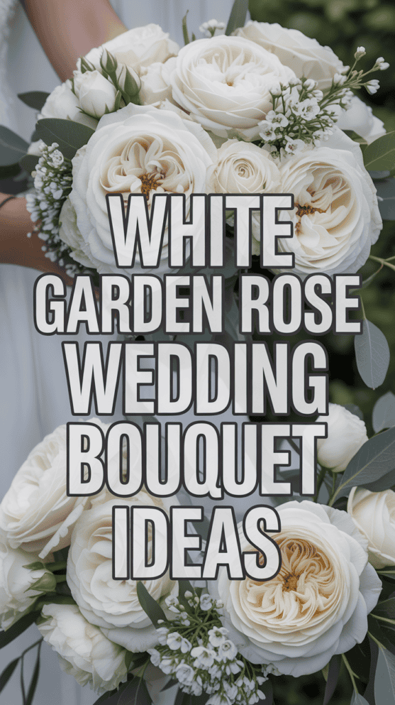 A bouquet of white garden roses with greenery and small white flowers, accompanied by text about wedding bouquet ideas.