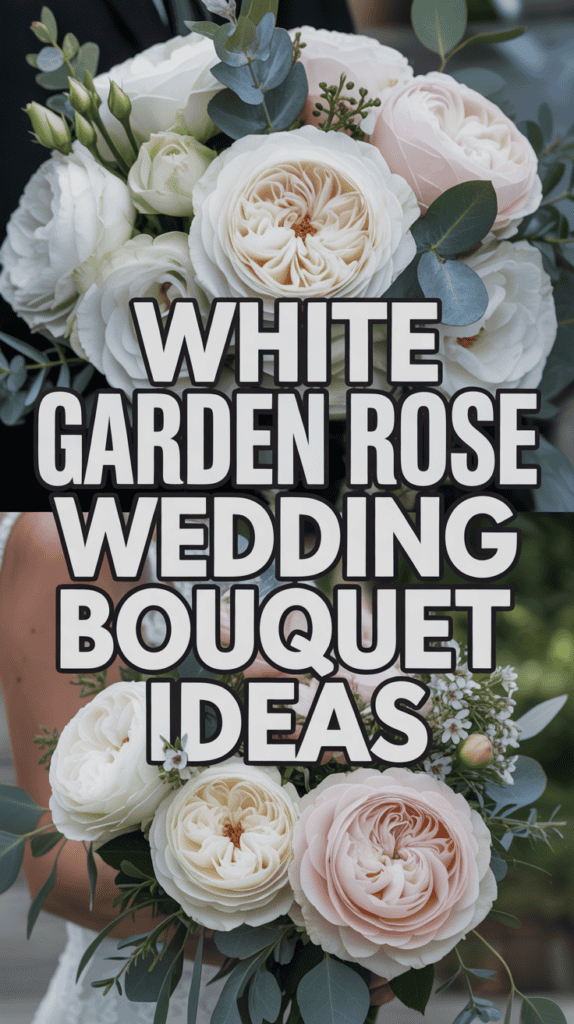 A wedding bouquet with white and blush garden roses, eucalyptus, and text reading "White Garden Rose Wedding Bouquet Ideas."