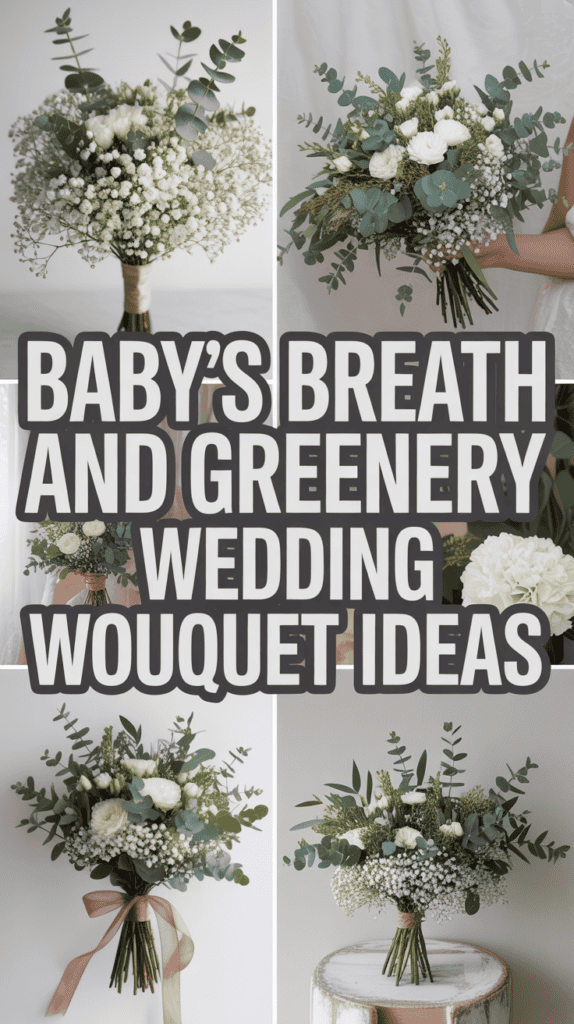 Collage of baby's breath and greenery bouquets with text overlay "Baby's Breath and Greenery Wedding Bouquet Ideas."