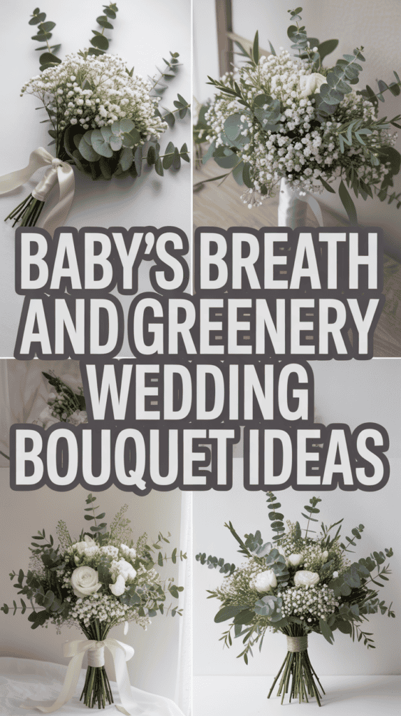 Collage of wedding bouquets featuring baby's breath and greenery, with the text "Baby's Breath and Greenery Wedding Bouquet Ideas" in bold.
