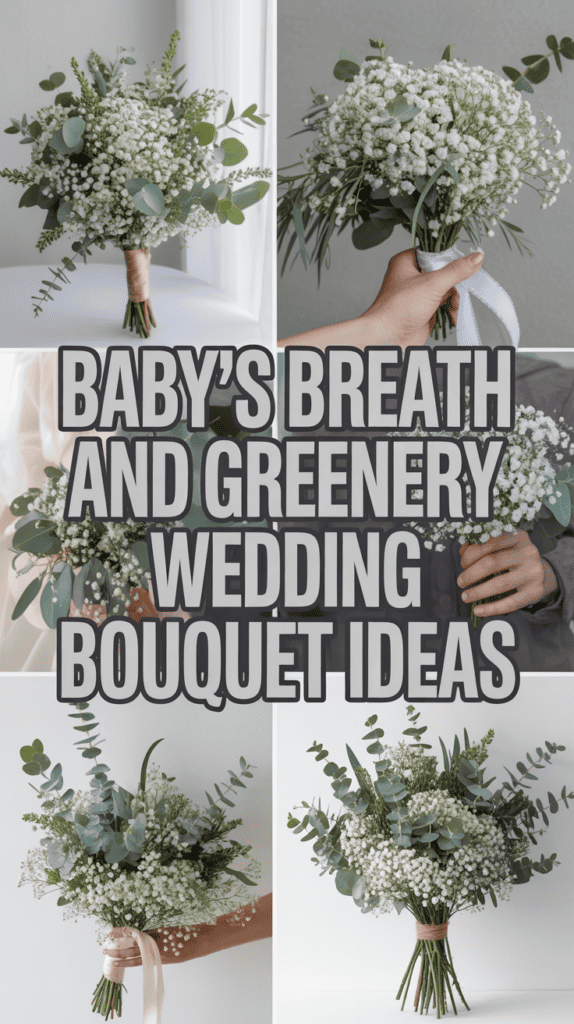 Collage of wedding bouquets featuring baby's breath and greenery with large text highlighting "Baby's Breath and Greenery Wedding Bouquet Ideas."