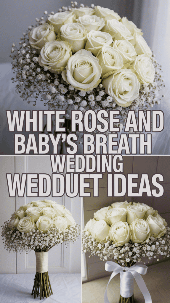 Bouquet of white roses and baby's breath with text about wedding ideas.