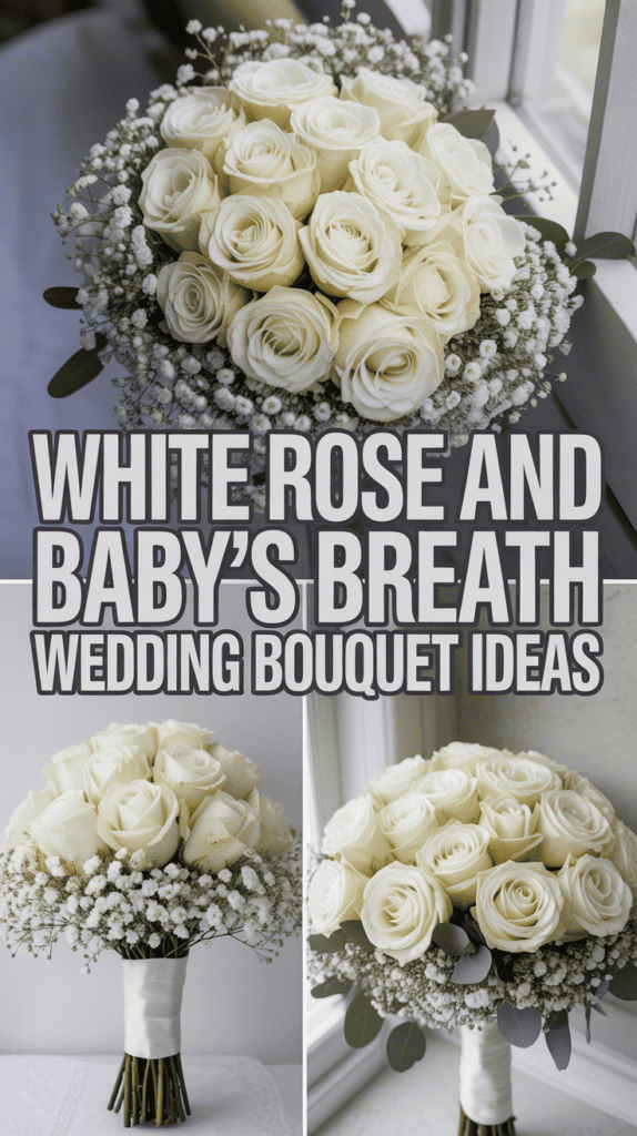 Collage of white rose and baby's breath wedding bouquets with text overlay.