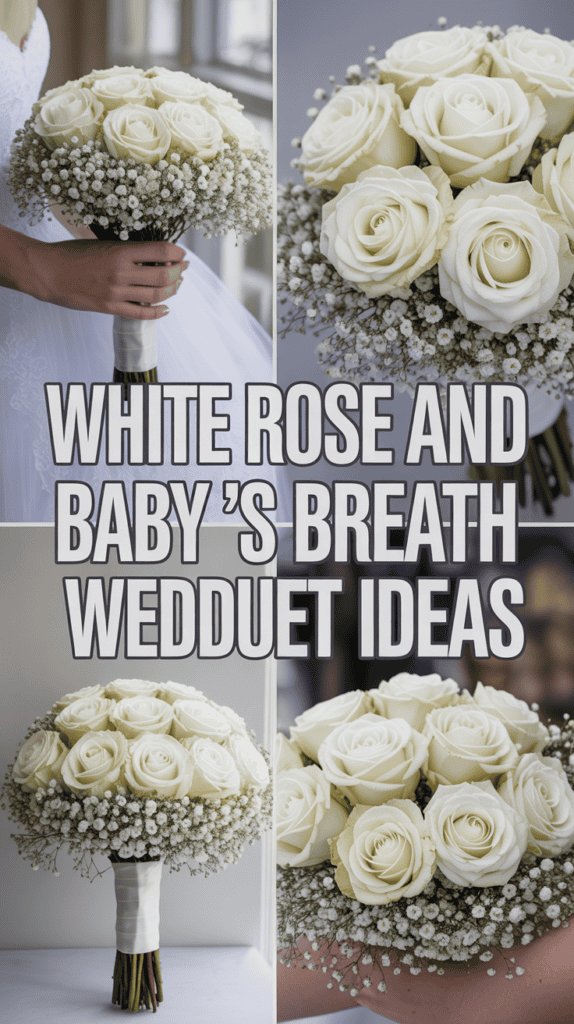 A collage of bridal bouquets featuring white roses and baby's breath with text reading "White Rose and Baby's Breath Wedding Ideas."