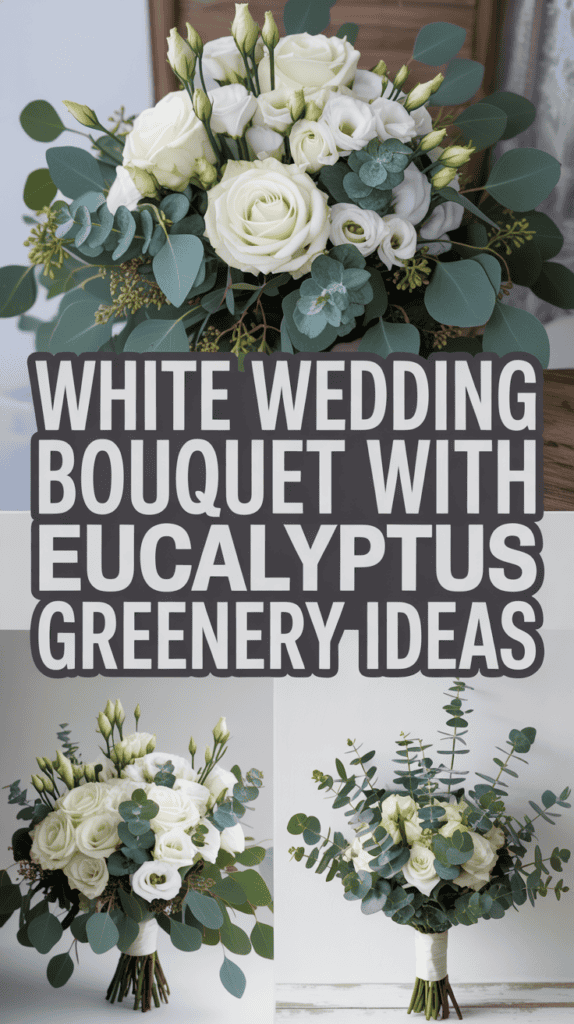 White wedding bouquet with roses and eucalyptus leaves displayed in three different arrangements, highlighting the greenery.