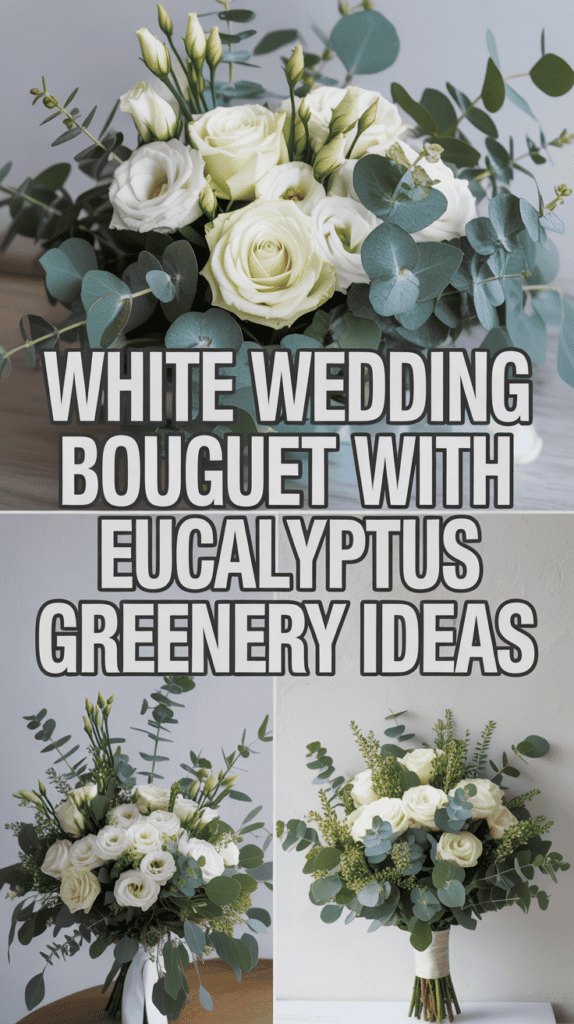 A collage of white wedding bouquets with roses and eucalyptus greenery against a neutral background with bold text overlay.