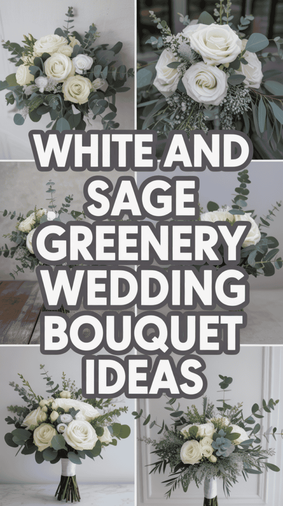 Collage of white and sage green wedding bouquets with roses and eucalyptus.