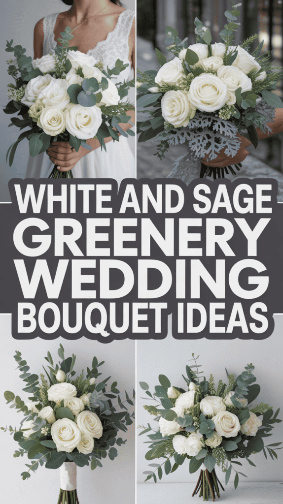 Collage of white and sage wedding bouquets with roses and eucalyptus, centered text reads "White and Sage Greenery Wedding Bouquet Ideas."
