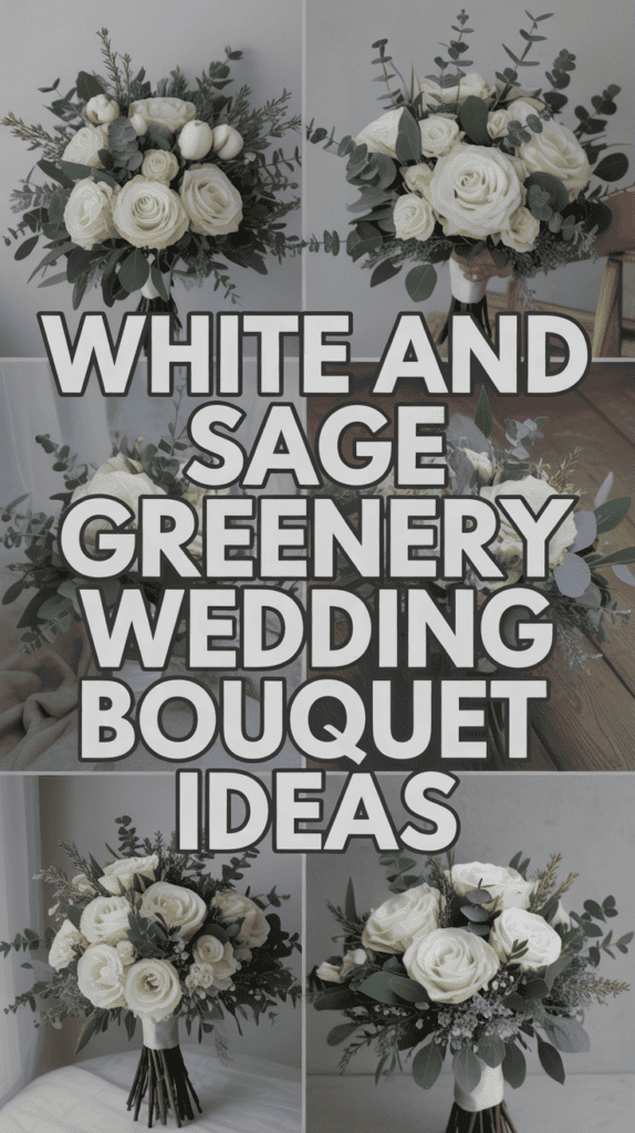 Collage of white and sage greenery wedding bouquets with large text "White and Sage Greenery Wedding Bouquet Ideas."
