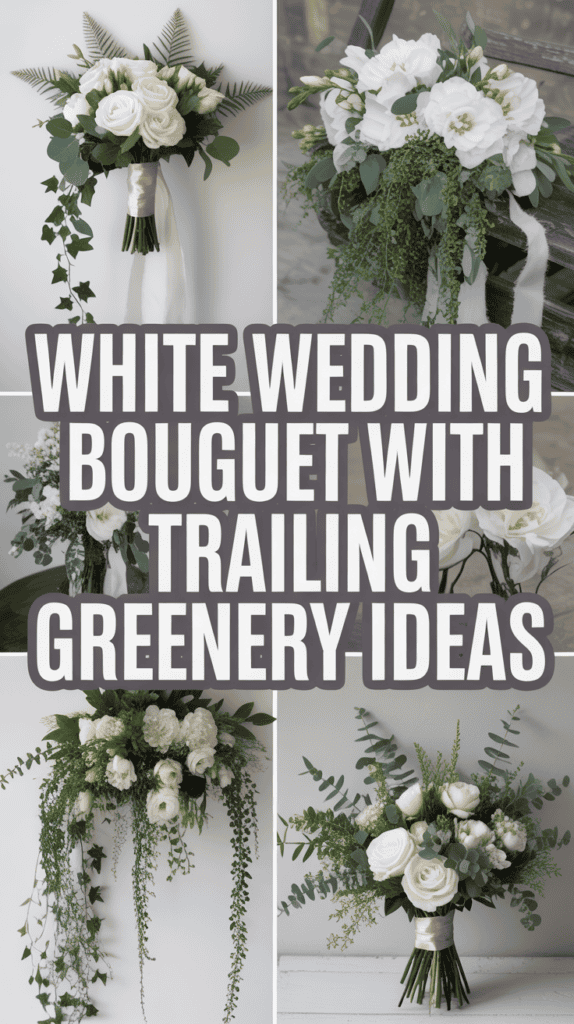 Collage of white wedding bouquets featuring trailing greenery and roses.