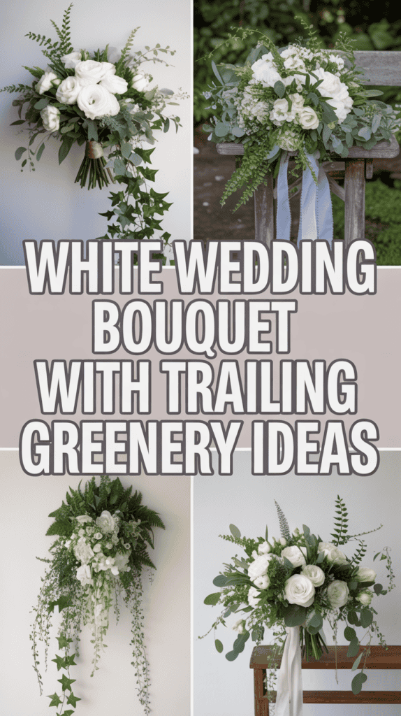 Collage of white wedding bouquets with trailing greenery, showcasing varied designs and arrangements.