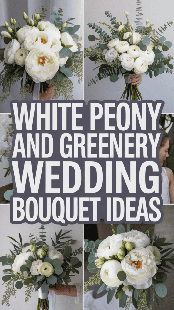 Collage of white peony and greenery wedding bouquets with text reading "White Peony and Greenery Wedding Bouquet Ideas."
