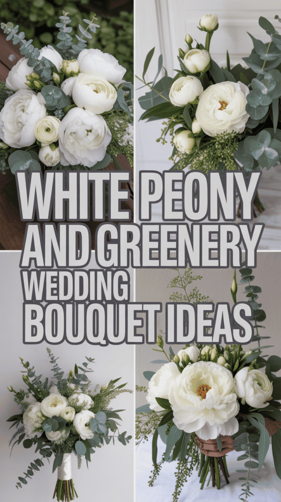 Collage of white peony bouquets with greenery, accompanied by text "White Peony and Greenery Wedding Bouquet Ideas."