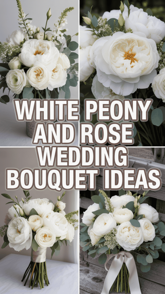 Collage of white peony and rose wedding bouquets with various arrangements and text "White Peony and Rose Wedding Bouquet Ideas."