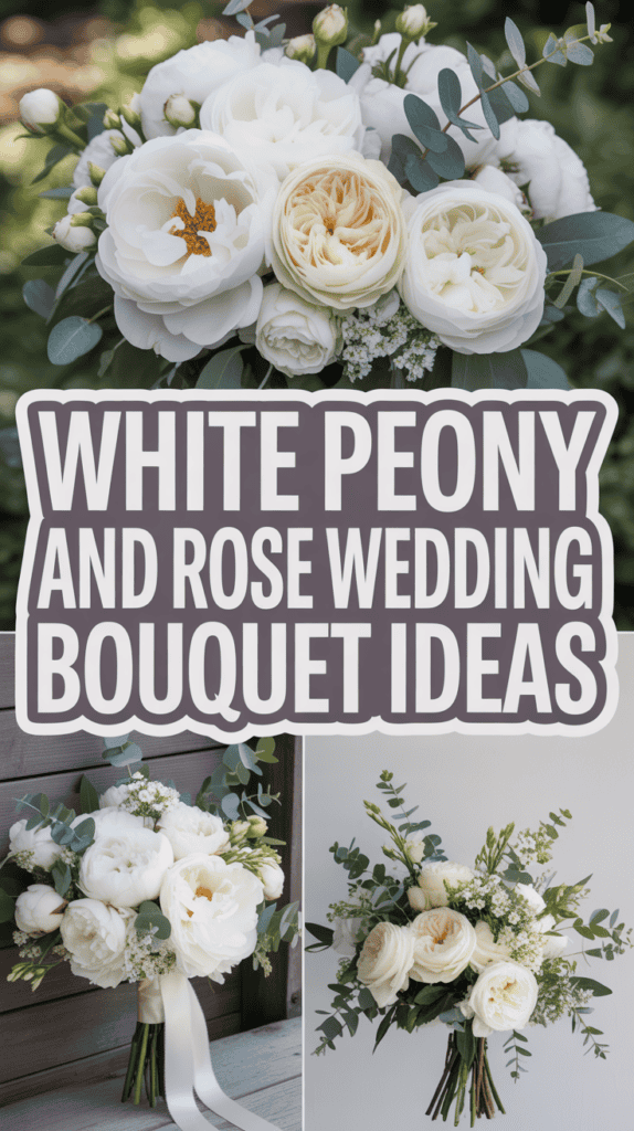 Three elegant wedding bouquets with white peonies and roses, featuring lush greenery.