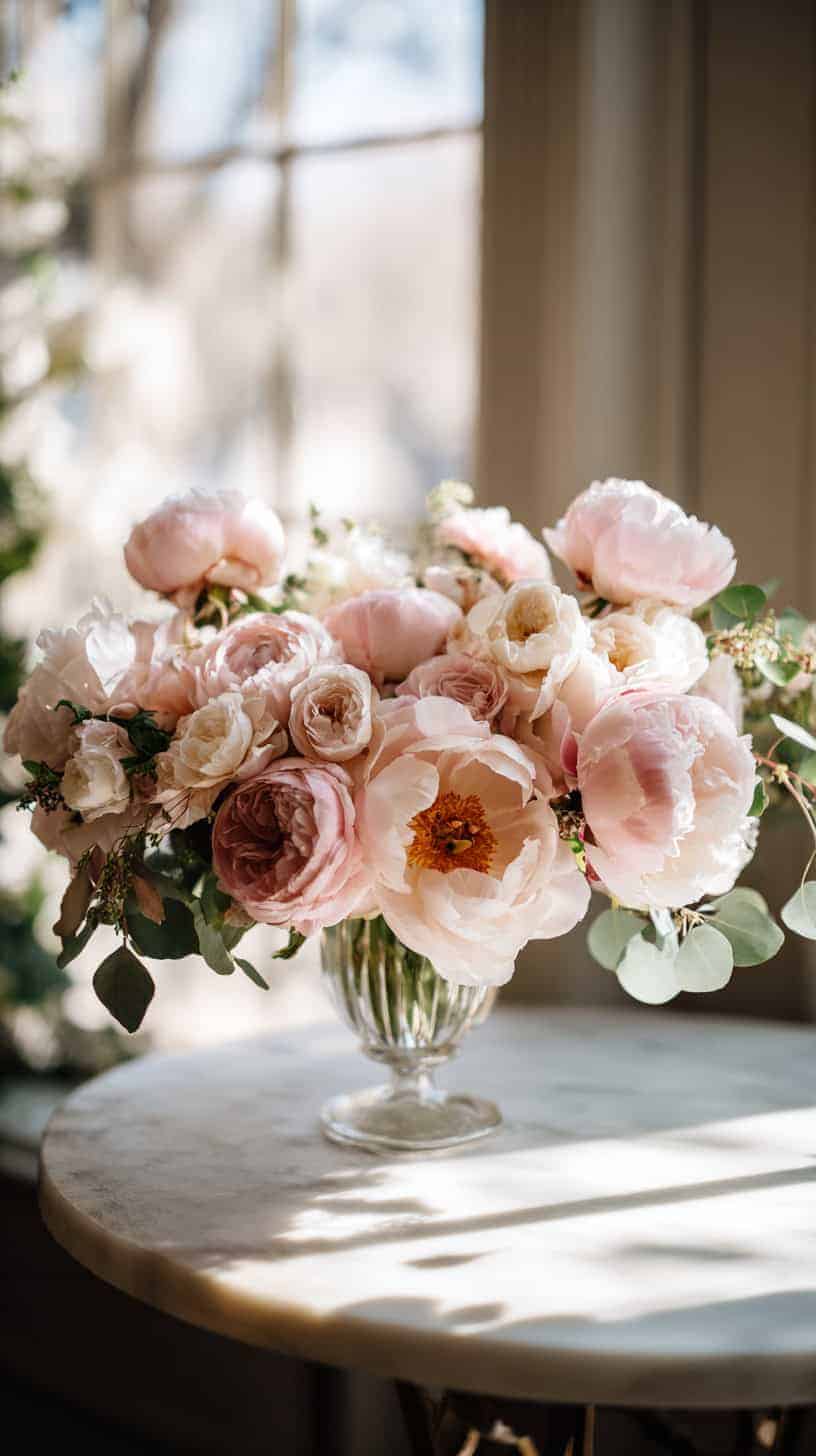 A glass vase holds a bouquet of pink and white peonies on a sunlit marble table.
