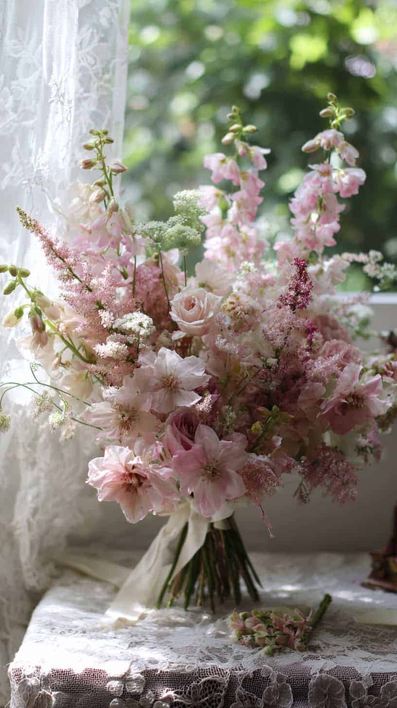 A bouquet of soft pink and white flowers arranged in a vase by a lace-curtained window, with greenery visible outside.