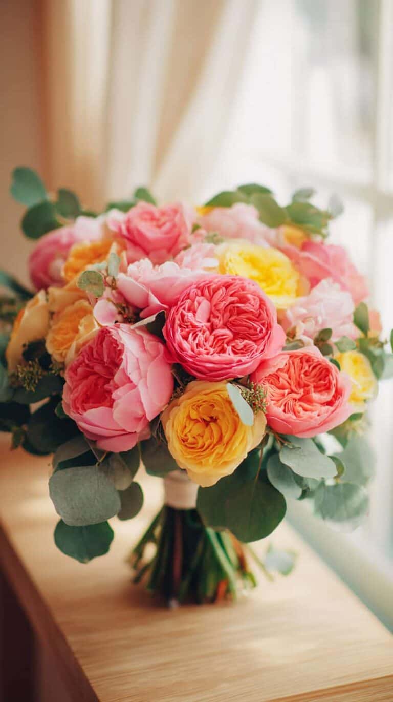 A bouquet of vibrant pink and yellow roses with lush green leaves, placed on a wooden surface.