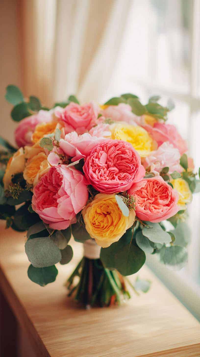 A bouquet of vibrant pink and yellow roses with lush green leaves, placed on a wooden surface.