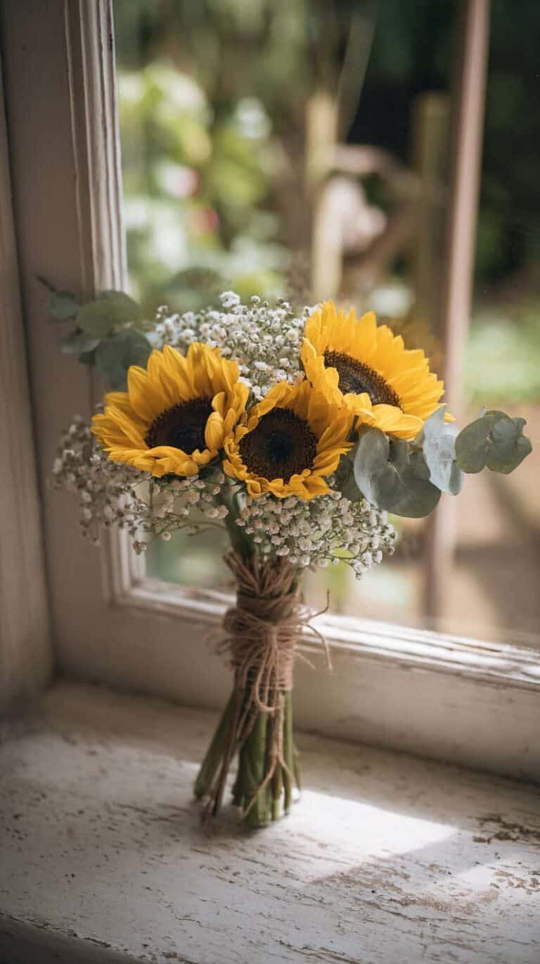 A bouquet of sunflowers with baby's breath and eucalyptus, tied with twine, sits on a rustic window sill.