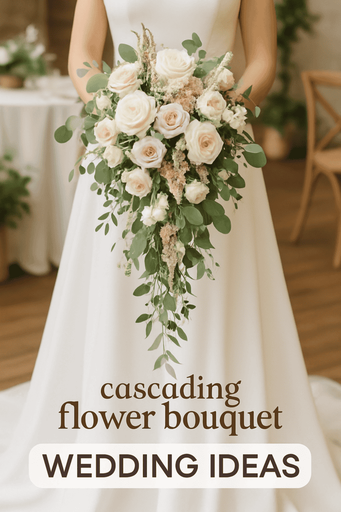 Bride holding a cascading bouquet of white and pink roses with greenery, text reads "cascading flower bouquet" and "WEDDING IDEAS".