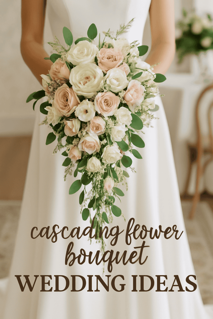 Bride holding a cascading bouquet of white and blush roses with greenery, accompanied by the text "Cascading Flower Bouquet Wedding Ideas."